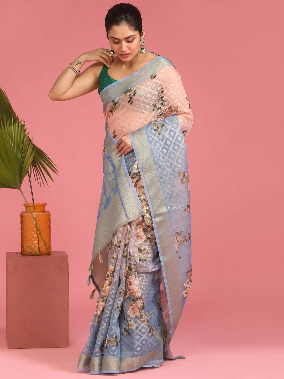 Indethnic Banarasi Blue Ombre Printed Party Wear Saree - View 1
