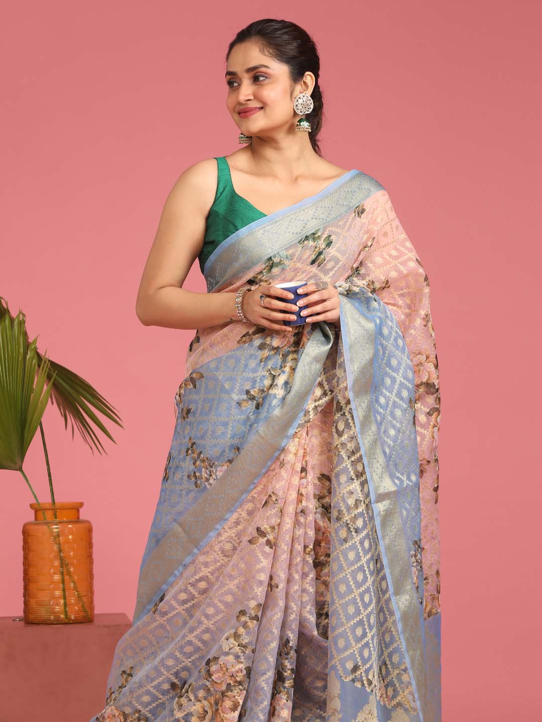 Indethnic Banarasi Blue Ombre Printed Party Wear Saree - View 2