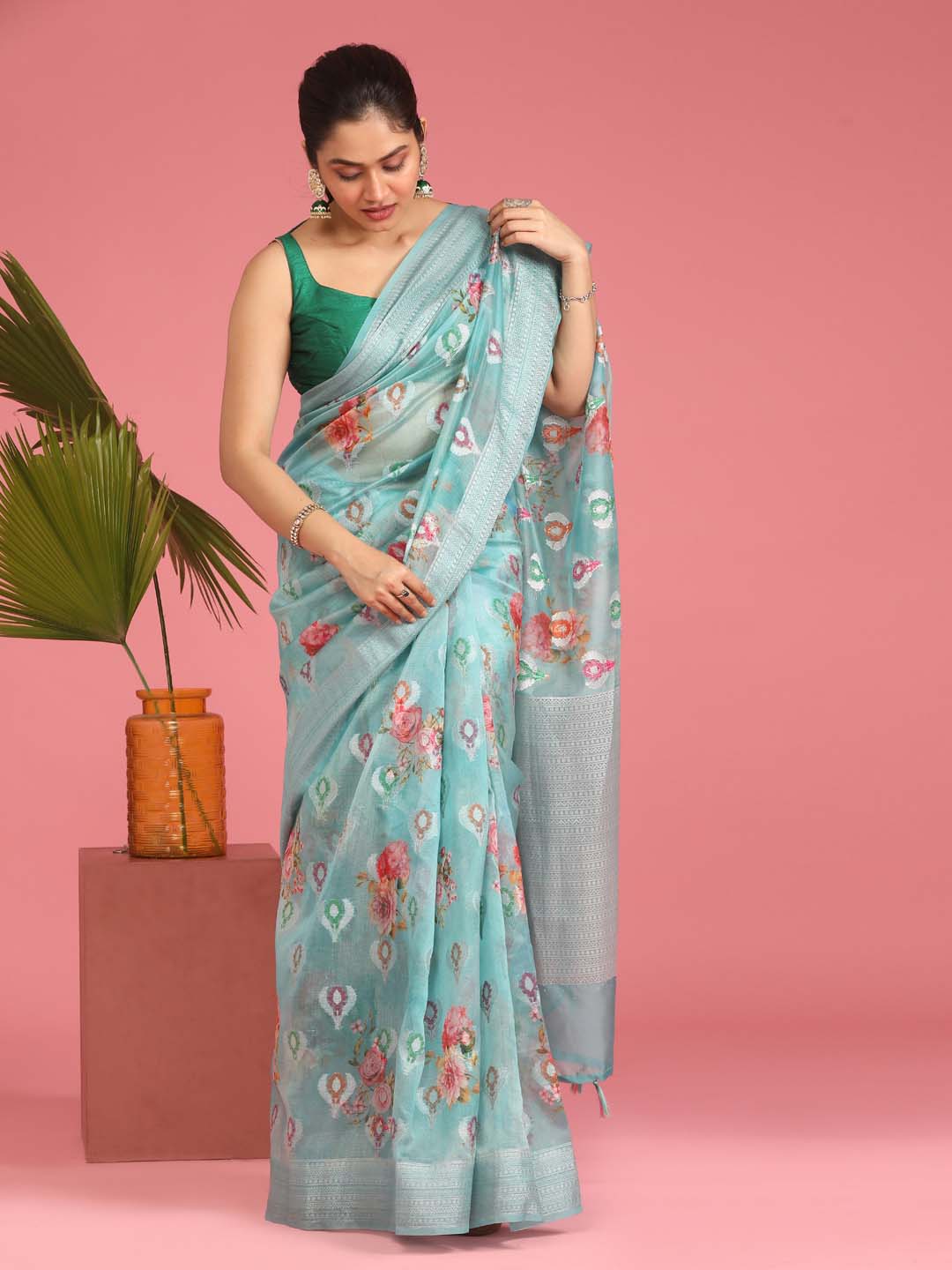 Indethnic Banarasi Blue Abstract Printed Party Wear Saree - View 1