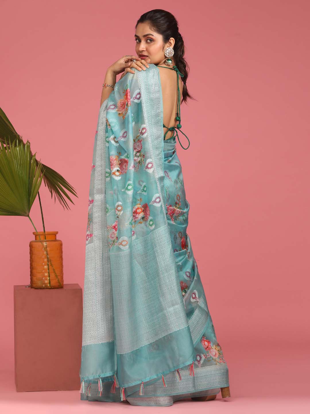 Indethnic Banarasi Blue Abstract Printed Party Wear Saree - View 3