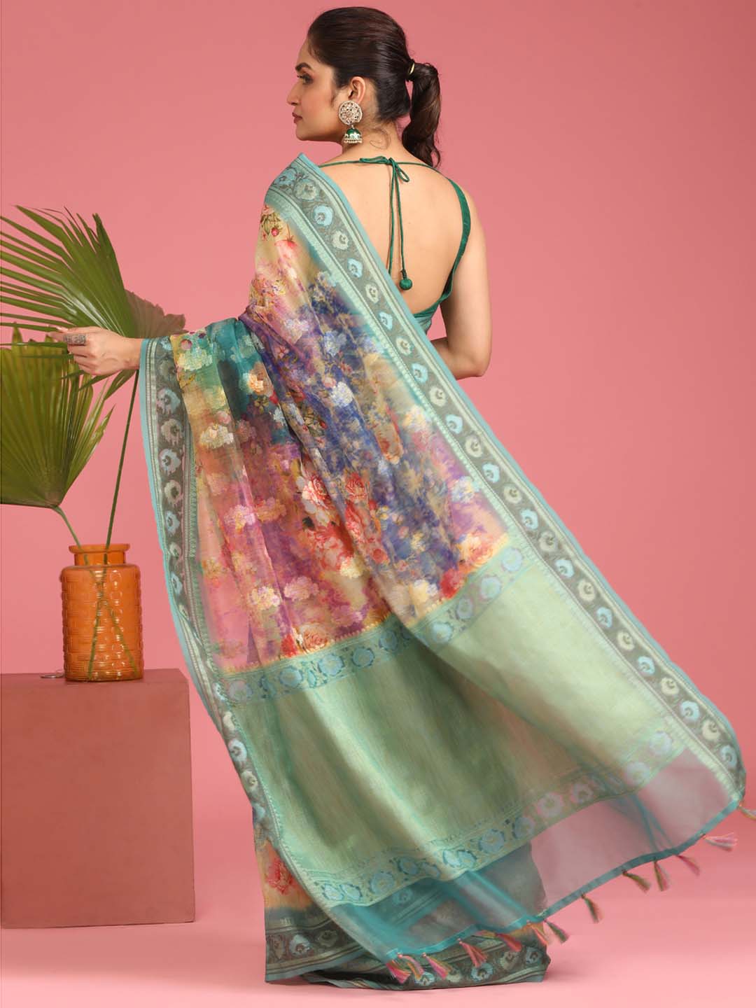 Indethnic Banarasi Blue Abstract Printed Party Wear Saree - View 3