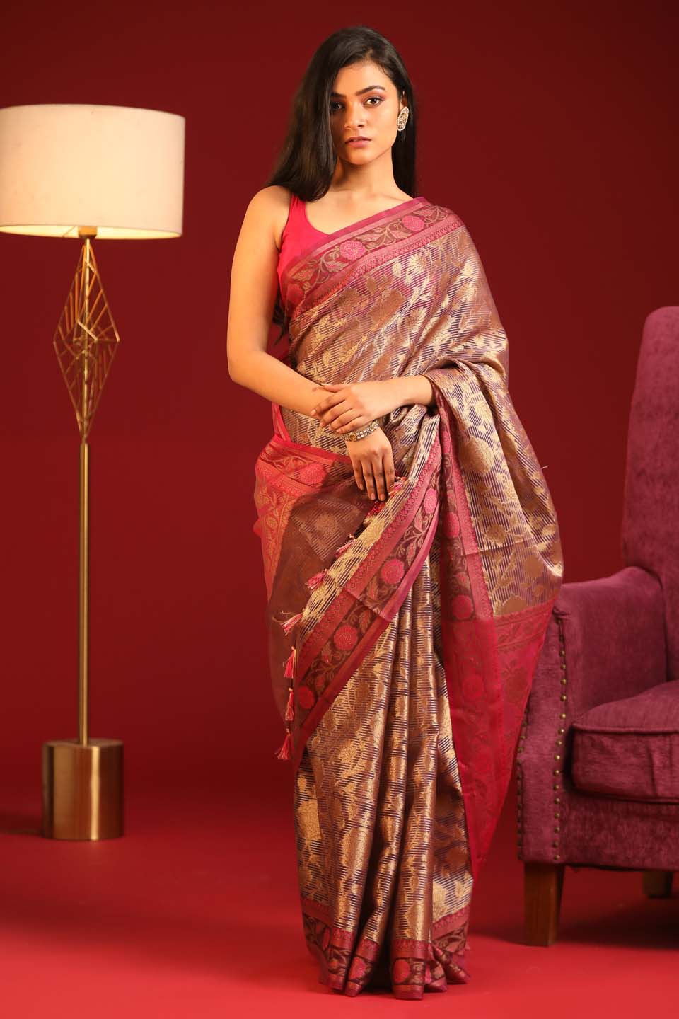 Indethnic Banarasi Brown Floral Woven Design Traditional Wear Saree - View 1