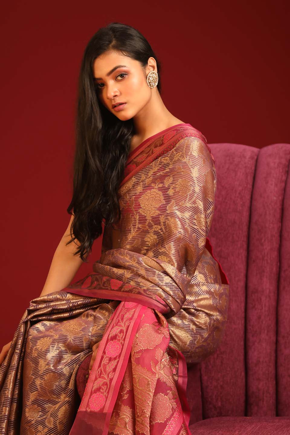 Indethnic Banarasi Brown Floral Woven Design Traditional Wear Saree - View 2