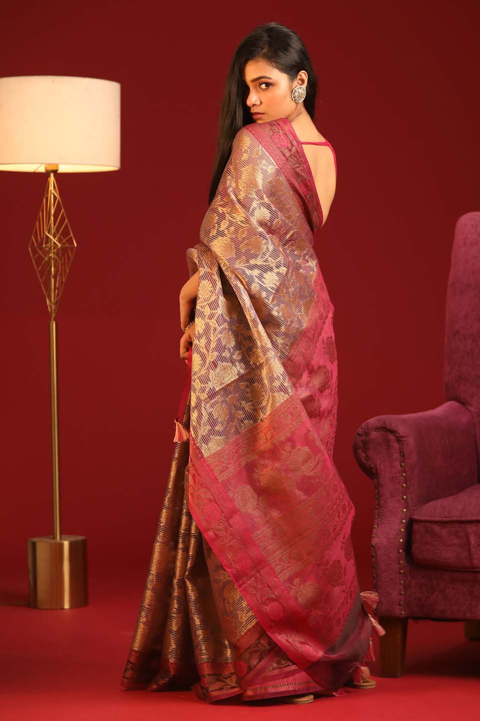 Indethnic Banarasi Brown Floral Woven Design Traditional Wear Saree - View 3