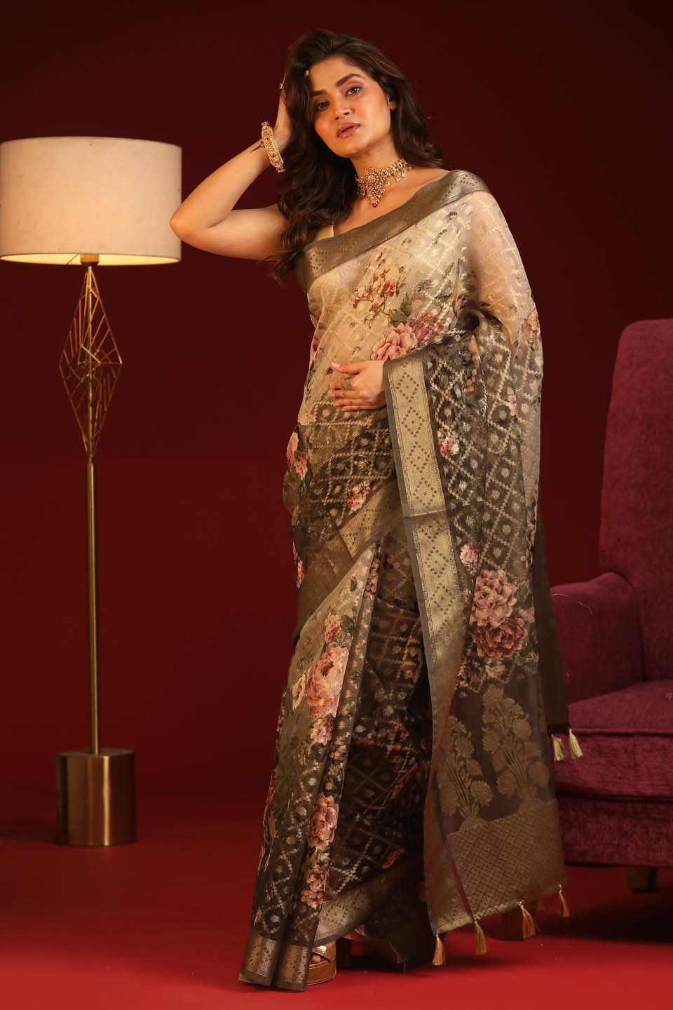 Indethnic Banarasi Brown Ombre Printed Party Wear Saree - View 1