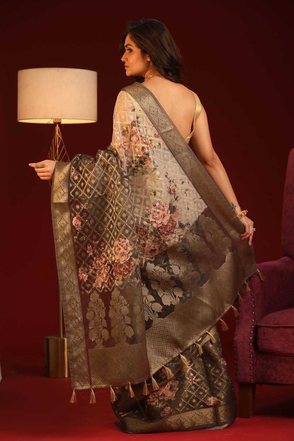 Indethnic Banarasi Brown Ombre Printed Party Wear Saree - View 3