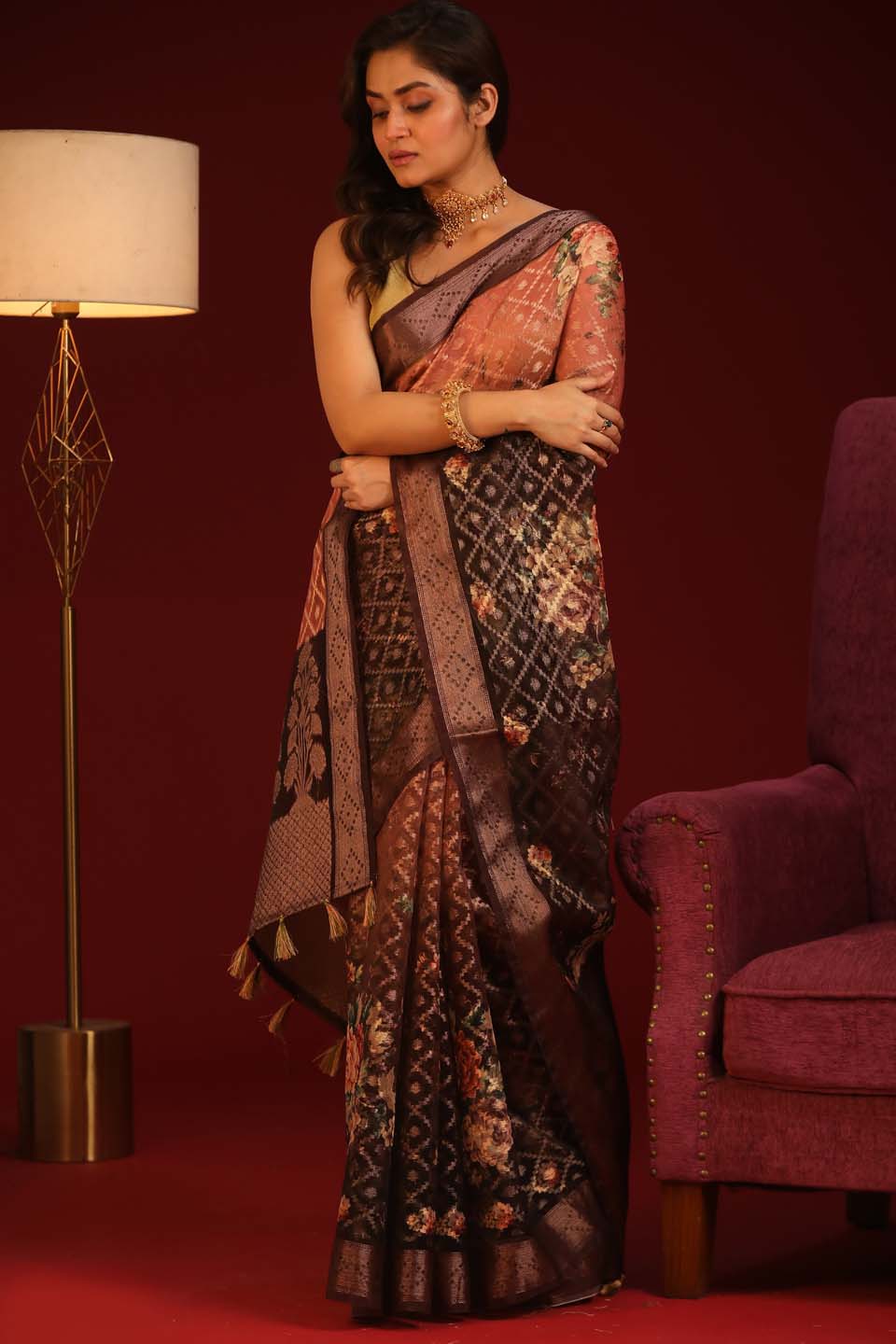 Indethnic Banarasi Brown Ombre Printed Party Wear Saree - View 1
