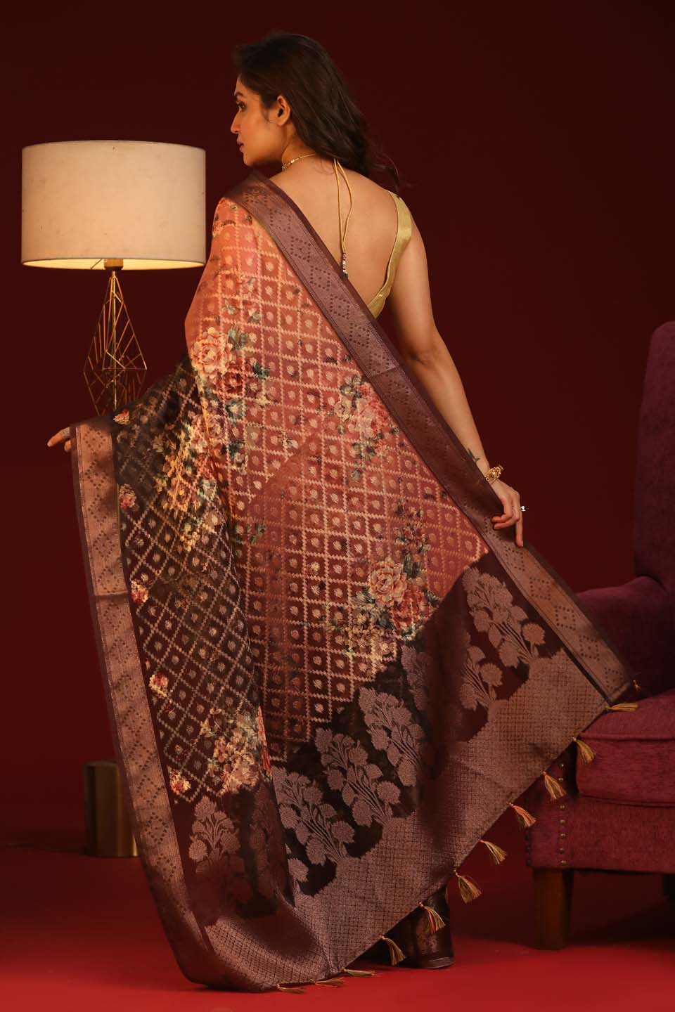 Indethnic Banarasi Brown Ombre Printed Party Wear Saree - View 3