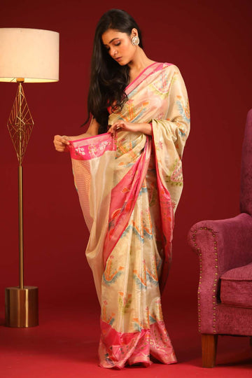 FLORAL ELEGANCE CREAM BLISS (BANARASI COTTON BLEND SAREE)
