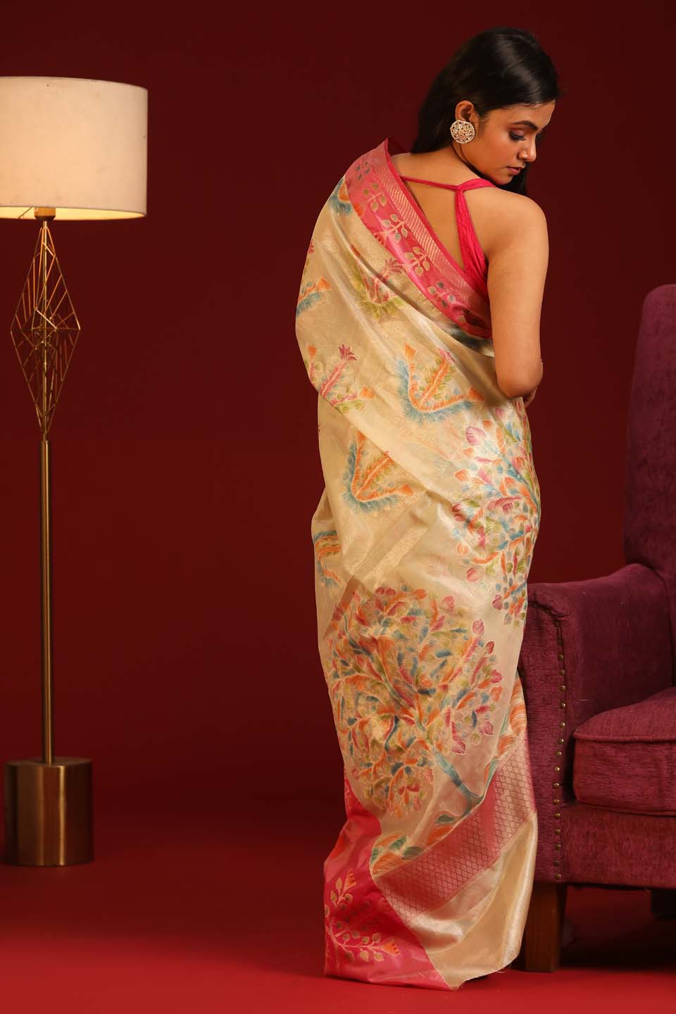 Indethnic Banarasi Cream Woven Design Printed Party Wear Saree - View 3