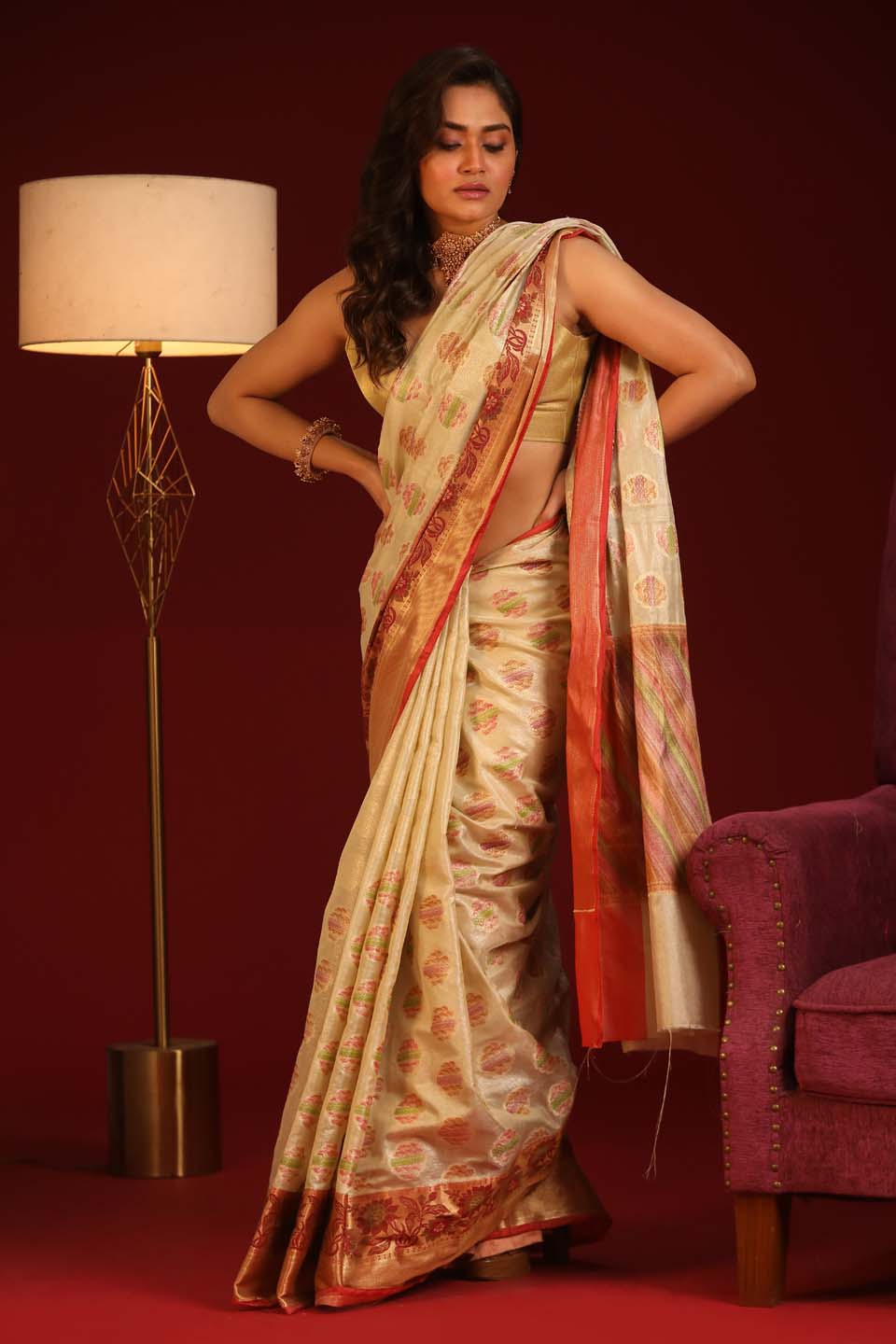 Indethnic Banarasi Cream Woven Design Printed Party Wear Saree - View 1
