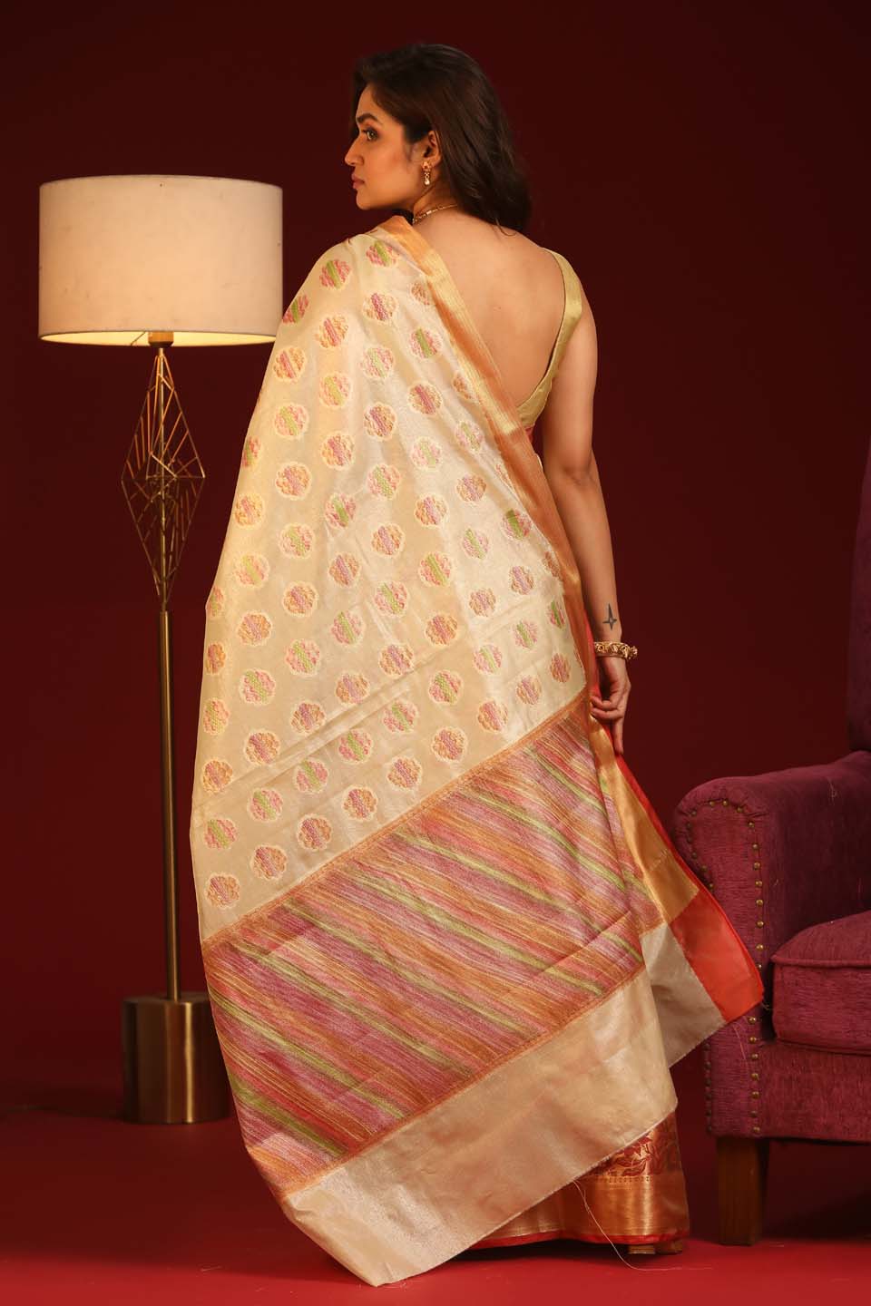 Indethnic Banarasi Cream Woven Design Printed Party Wear Saree - View 3