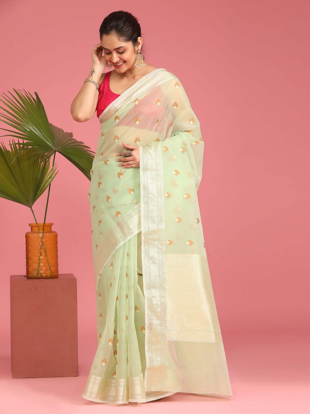 Indethnic Banarasi Green Ethnic Motifs Woven Design Traditional Wear Saree - View 1