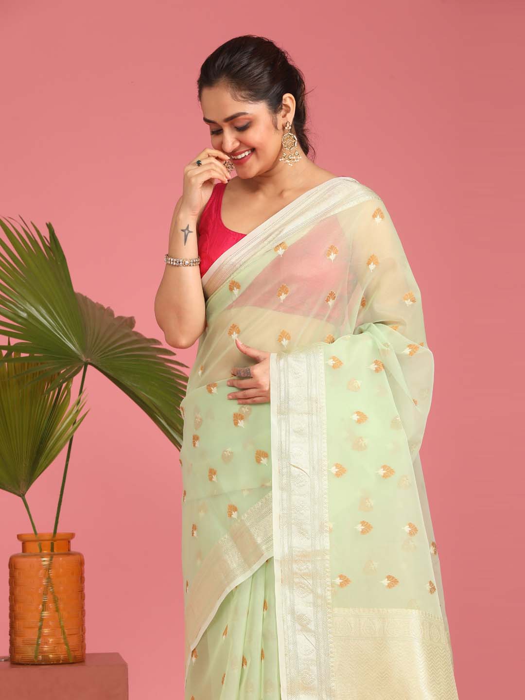 Indethnic Banarasi Green Ethnic Motifs Woven Design Traditional Wear Saree - View 2