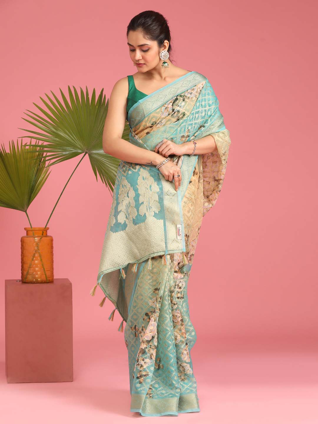 Indethnic Banarasi Green Ombre Printed Party Wear Saree - View 1