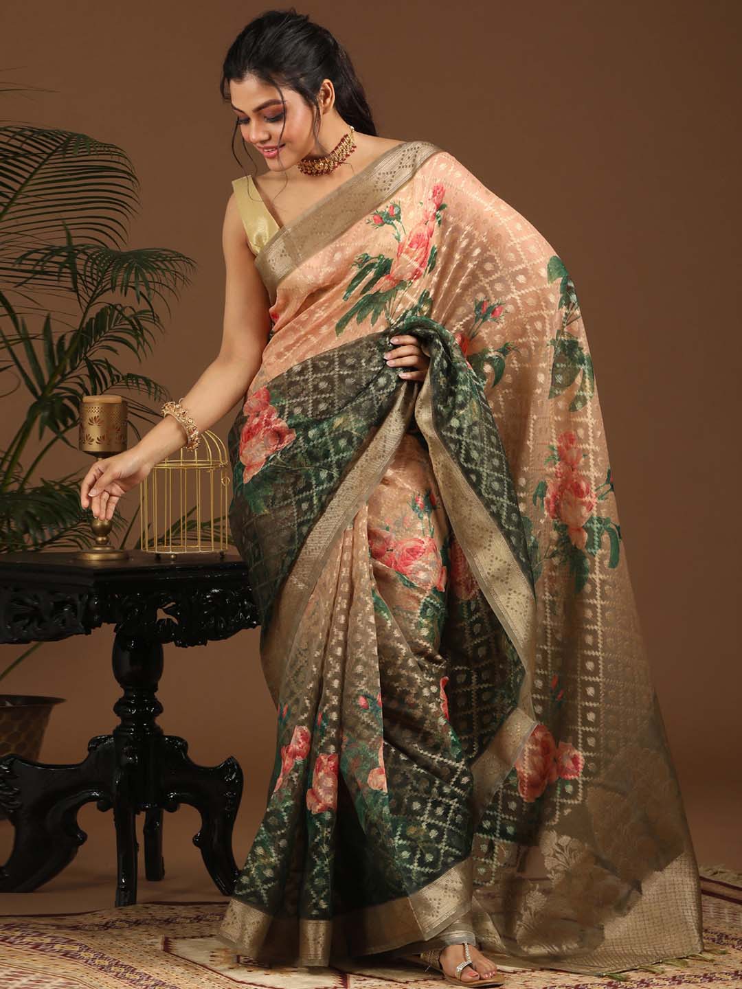 Indethnic Banarasi Green Ombre Printed Party Wear Saree - View 1