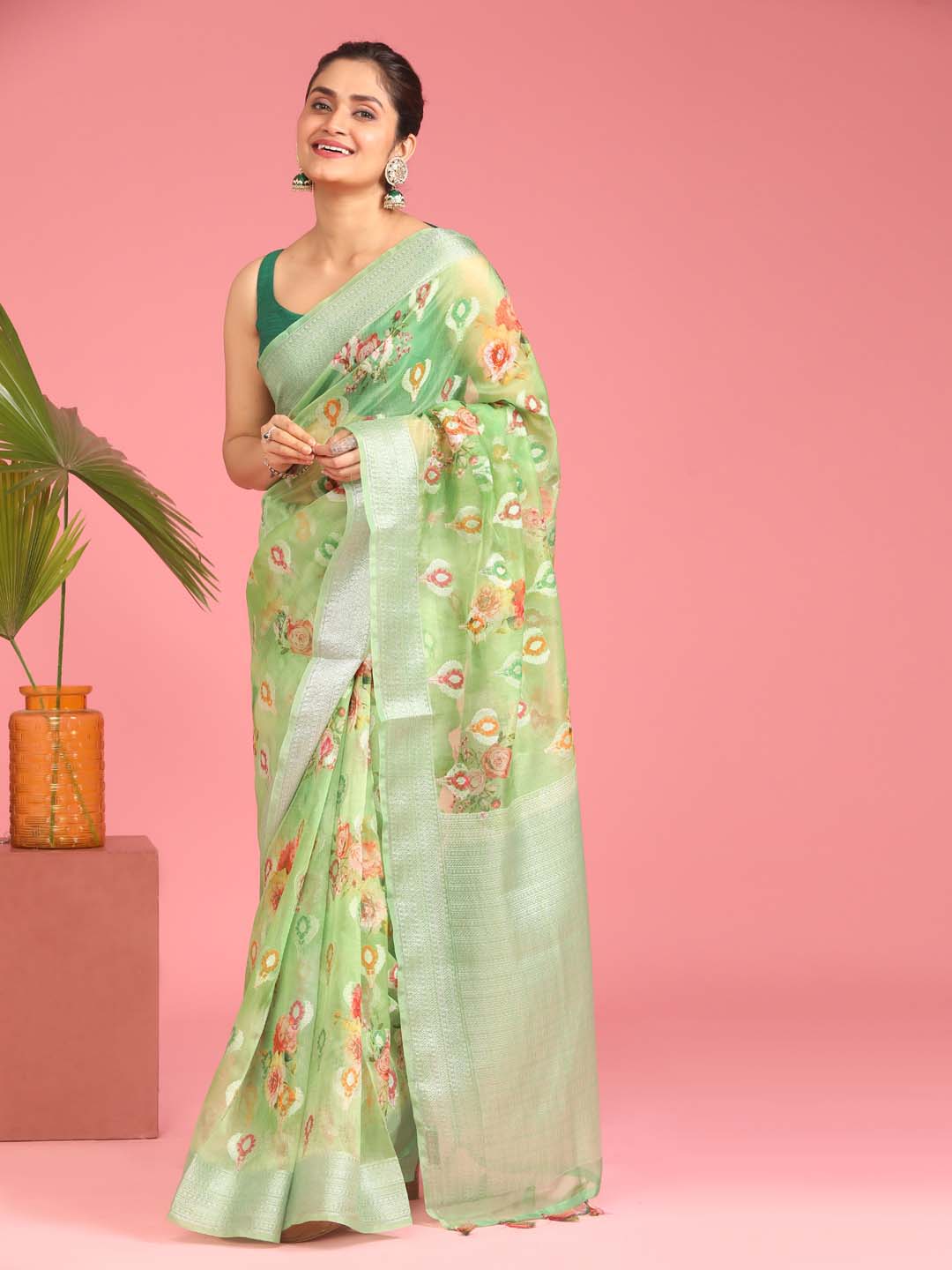 Indethnic Banarasi Green Abstract Printed Party Wear Saree - View 1