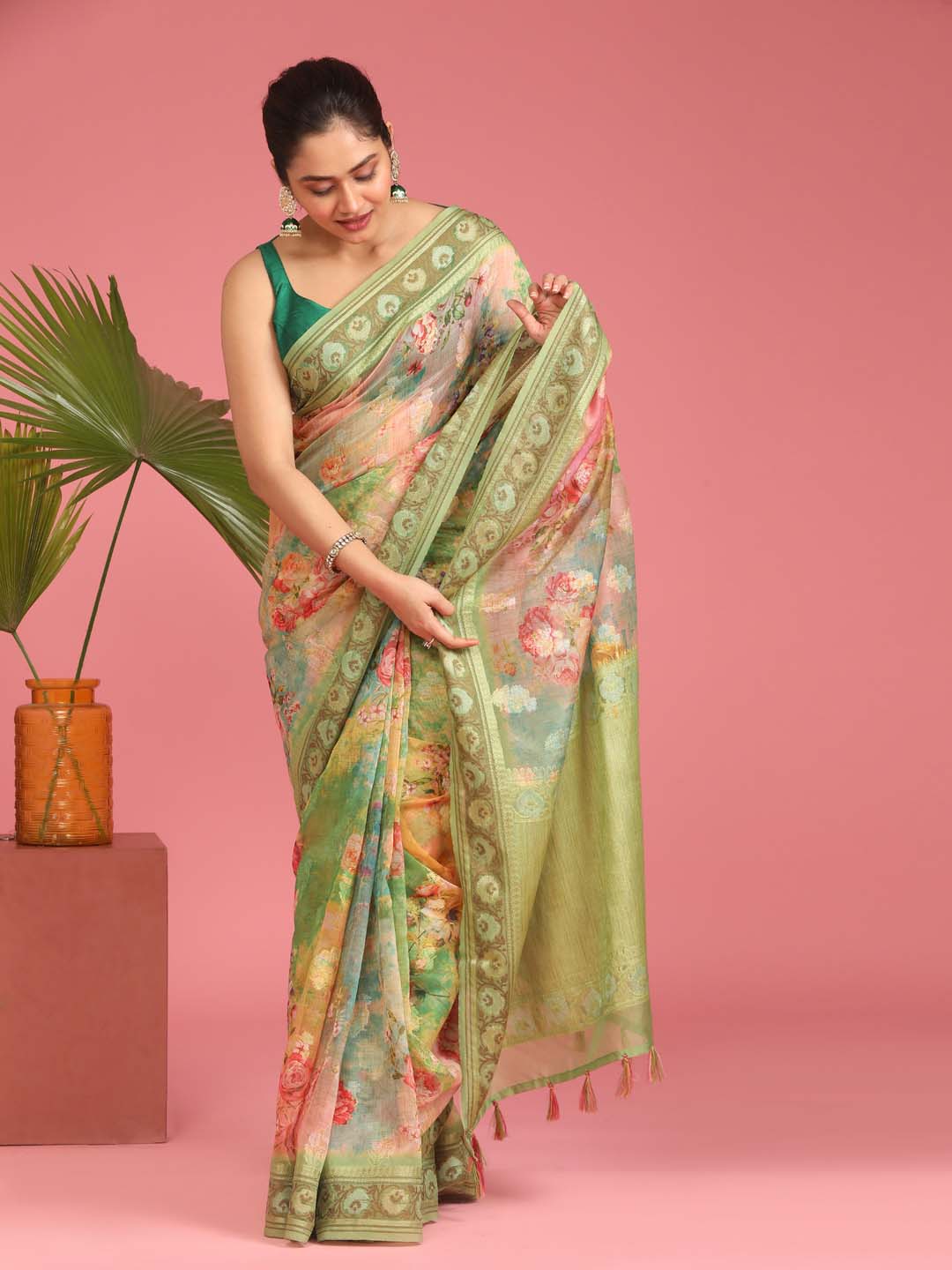 Indethnic Banarasi Green Abstract Printed Party Wear Saree - View 1