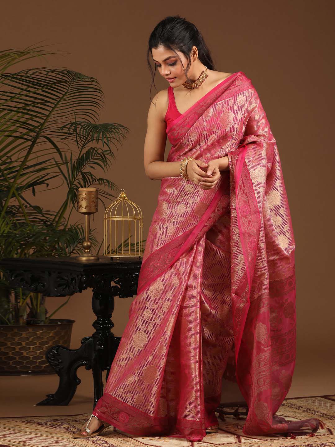 Indethnic Banarasi Magenta Floral Woven Design Traditional Wear Saree - View 1