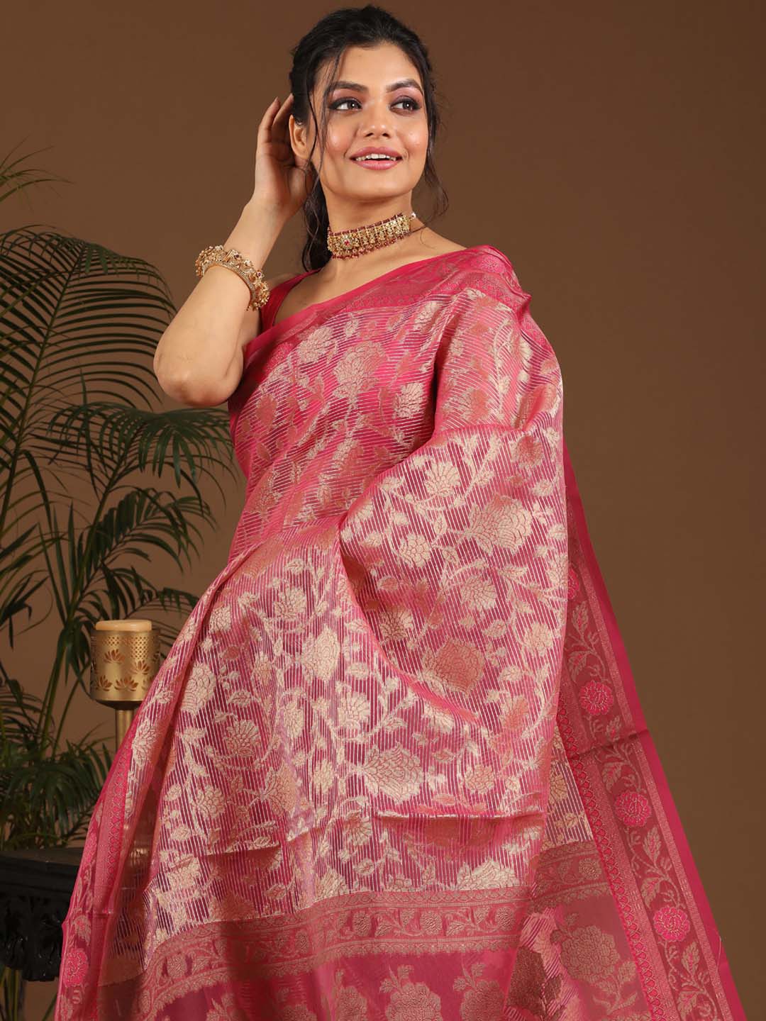 Indethnic Banarasi Magenta Floral Woven Design Traditional Wear Saree - View 1