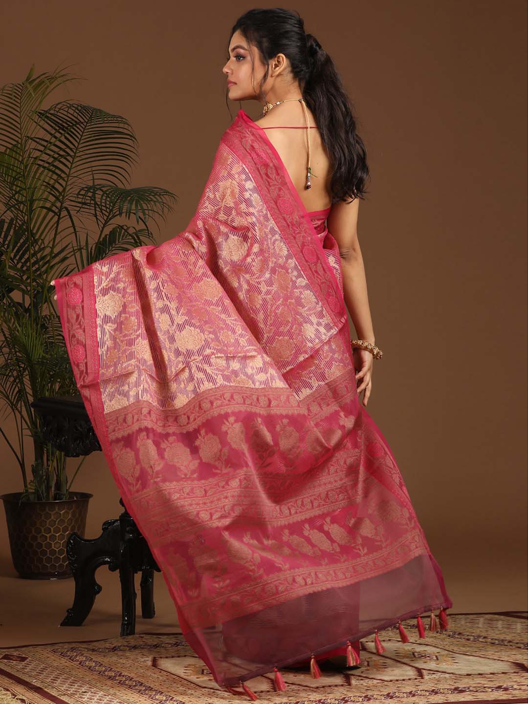 Indethnic Banarasi Magenta Floral Woven Design Traditional Wear Saree - View 3