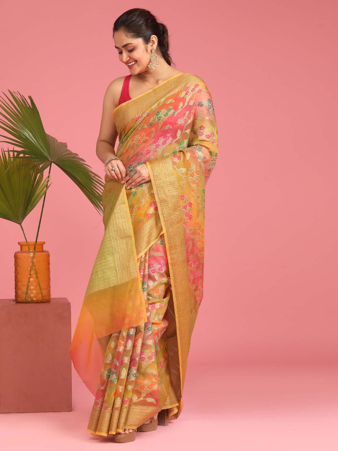 Indethnic Banarasi Multi Woven Design Printed Party Wear Saree - View 1
