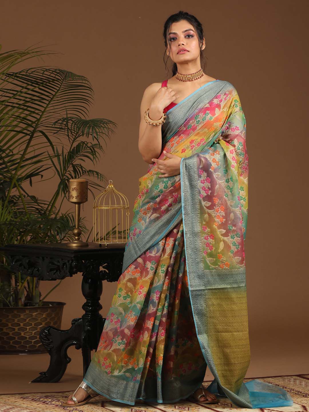 Indethnic Banarasi Multi Woven Design Printed Party Wear Saree - View 1