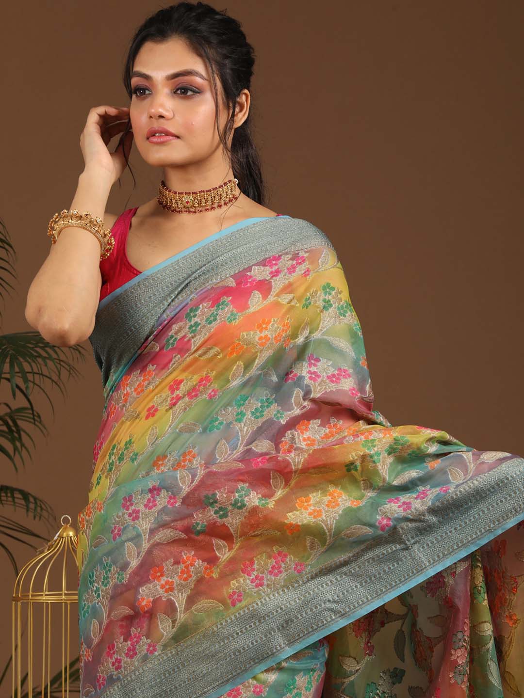 Indethnic Banarasi Multi Woven Design Printed Party Wear Saree - View 2