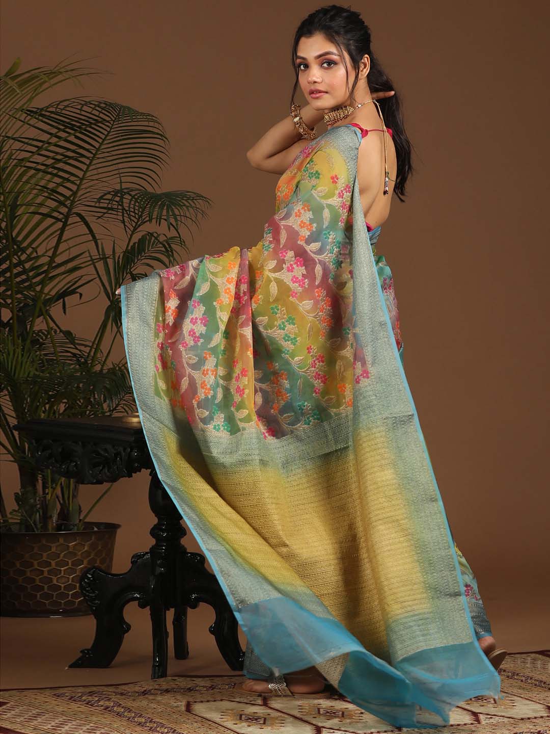 Indethnic Banarasi Multi Woven Design Printed Party Wear Saree - View 3