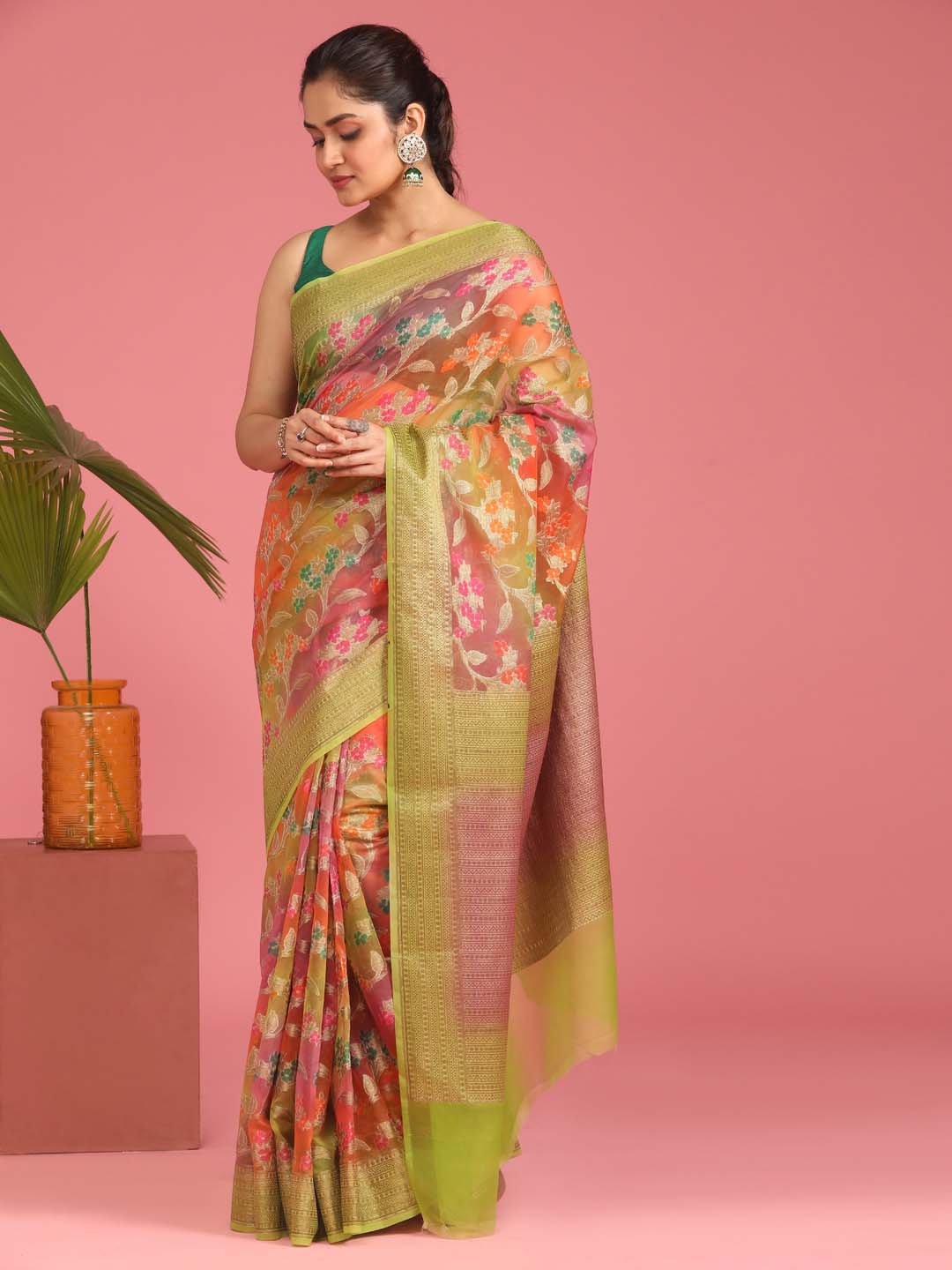 Indethnic Banarasi Multi Woven Design Printed Party Wear Saree - View 1