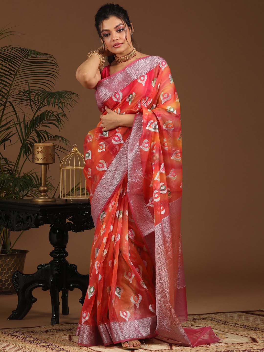 Indethnic Banarasi Multi Woven Design Printed Party Wear Saree - View 1