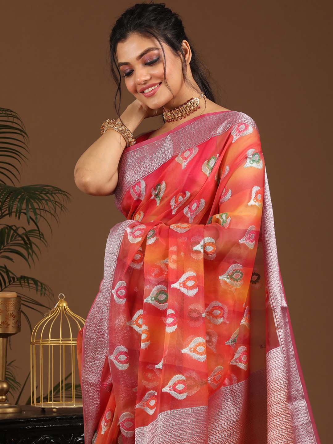 Indethnic Banarasi Multi Woven Design Printed Party Wear Saree - View 2