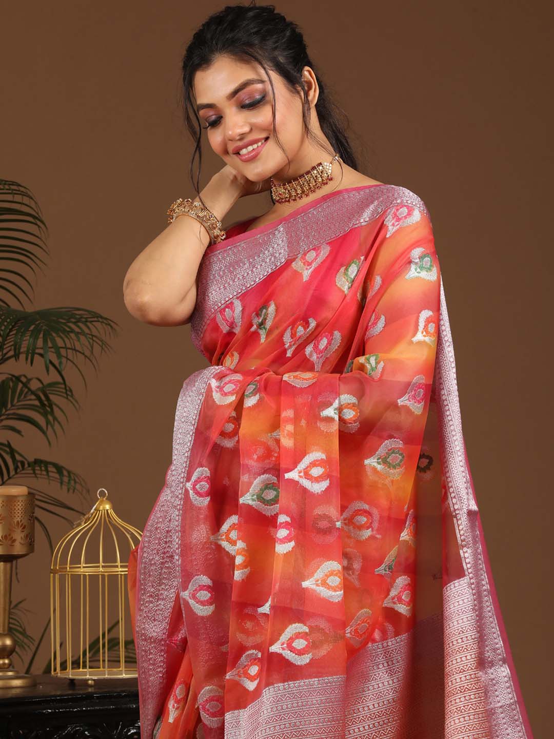 Indethnic Banarasi Multi Woven Design Printed Party Wear Saree - View 1