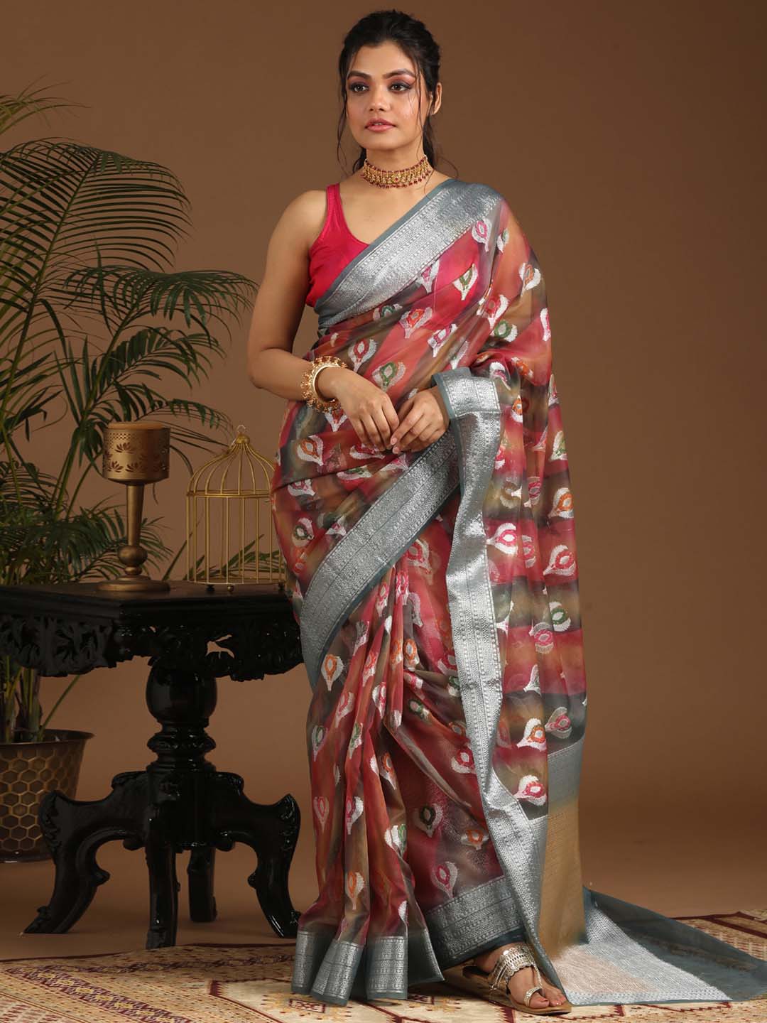 Indethnic Banarasi Multi Woven Design Printed Party Wear Saree - View 1