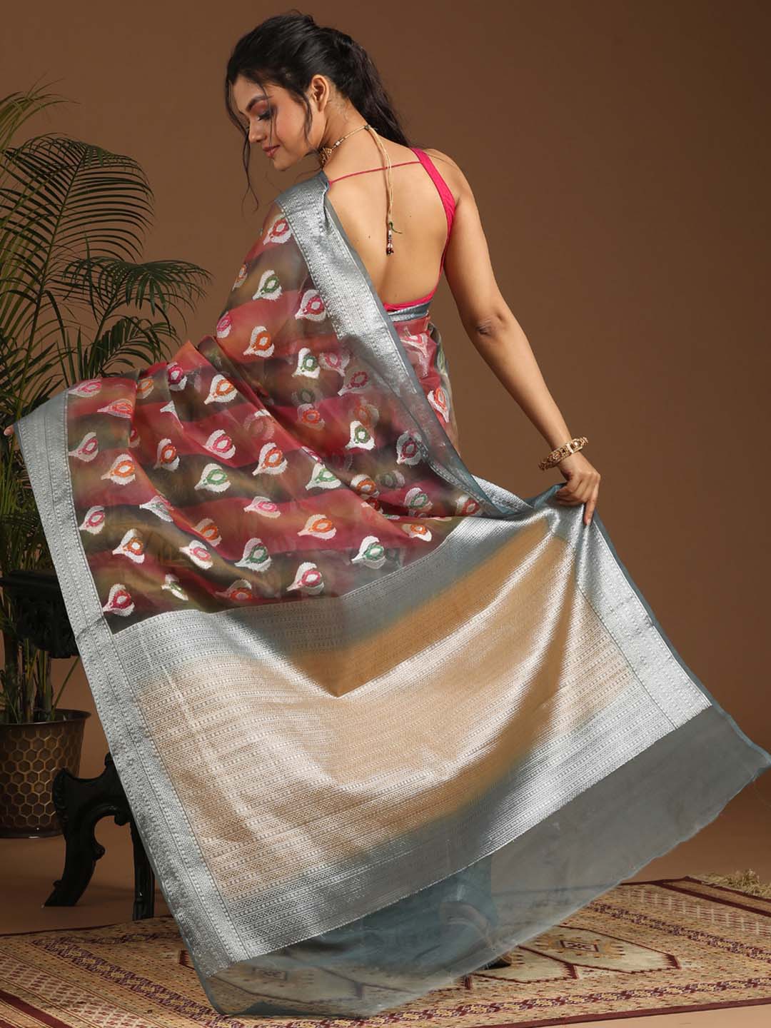 Indethnic Banarasi Multi Woven Design Printed Party Wear Saree - View 3