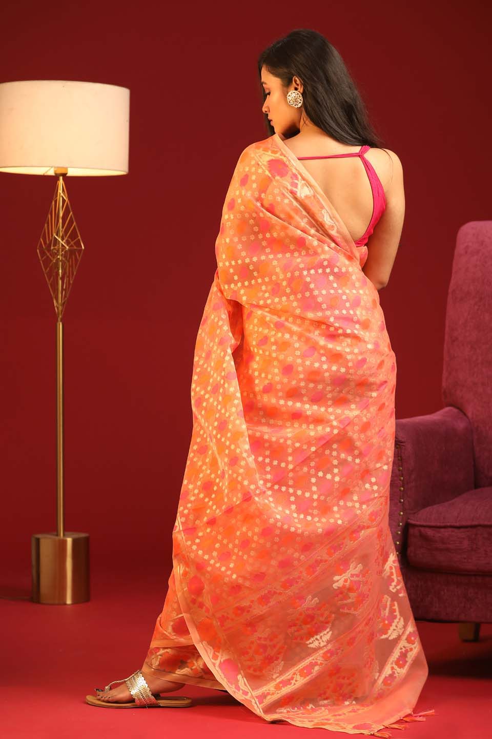 Indethnic Banarasi Orange Ethnic Motifs Woven Design Traditional Wear Saree - View 3