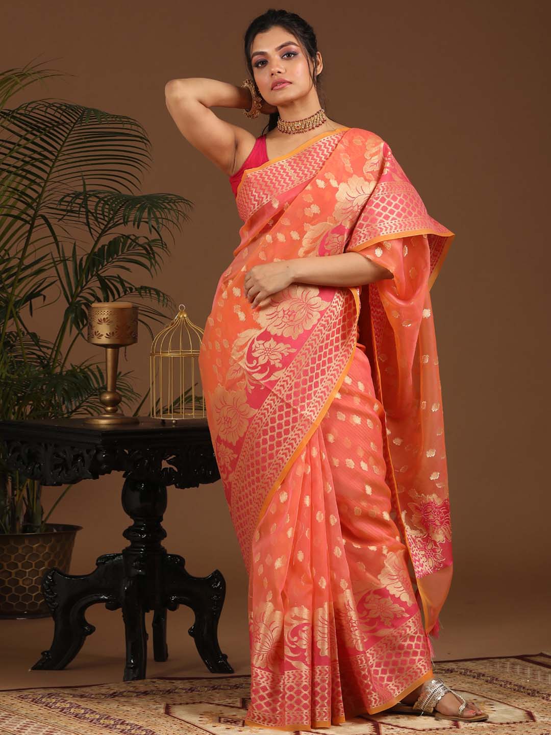 Indethnic Banarasi Orange Ethnic Motifs Woven Design Traditional Wear Saree - View 1