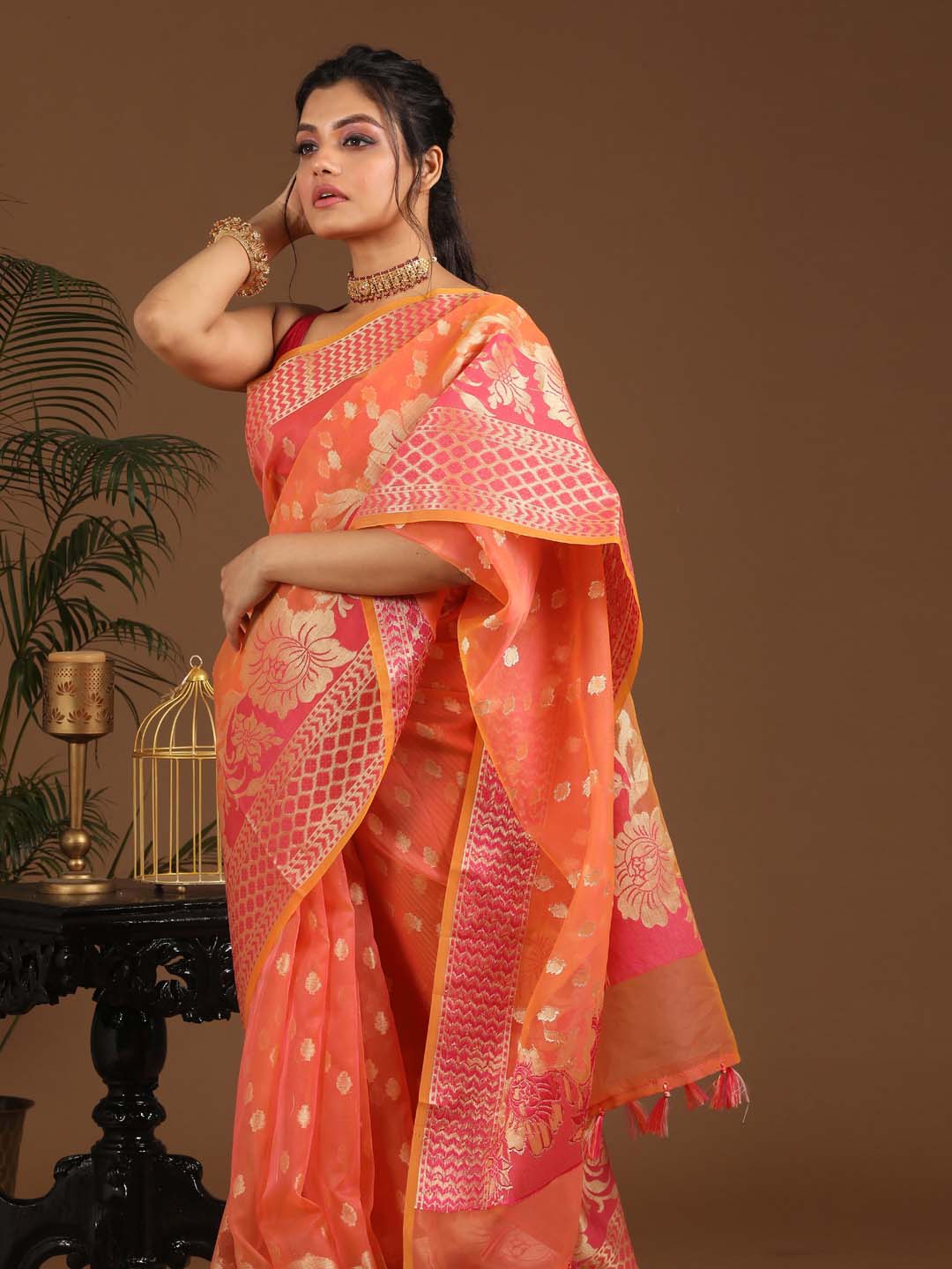 Indethnic Banarasi Orange Ethnic Motifs Woven Design Traditional Wear Saree - View 2