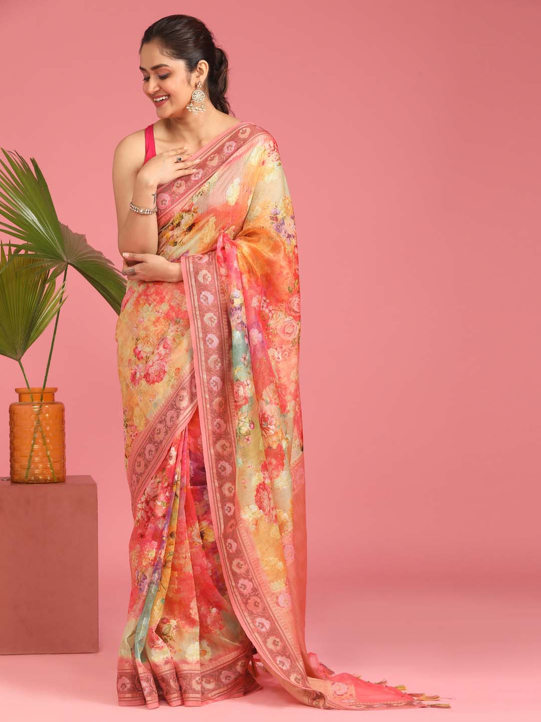 Indethnic Banarasi Orange Abstract Printed Party Wear Saree - View 1