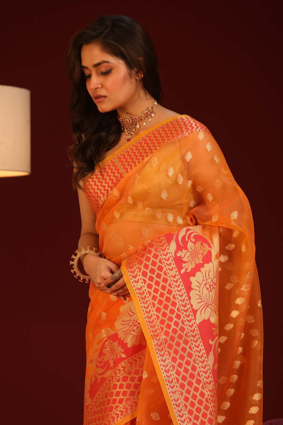 Indethnic Banarasi Peach Ethnic Motifs Woven Design Traditional Wear Saree - View 1