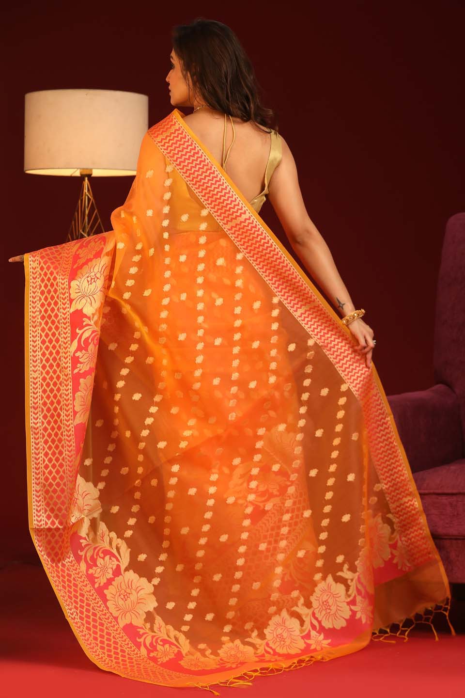 Indethnic Banarasi Peach Ethnic Motifs Woven Design Traditional Wear Saree - View 3
