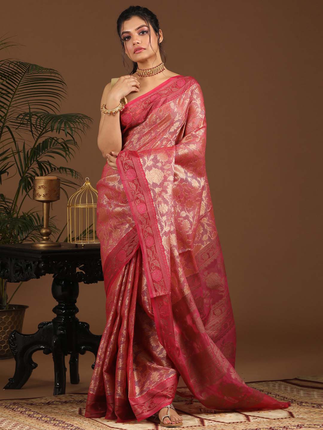 Indethnic Banarasi Pink Floral Woven Design Traditional Wear Saree - View 1