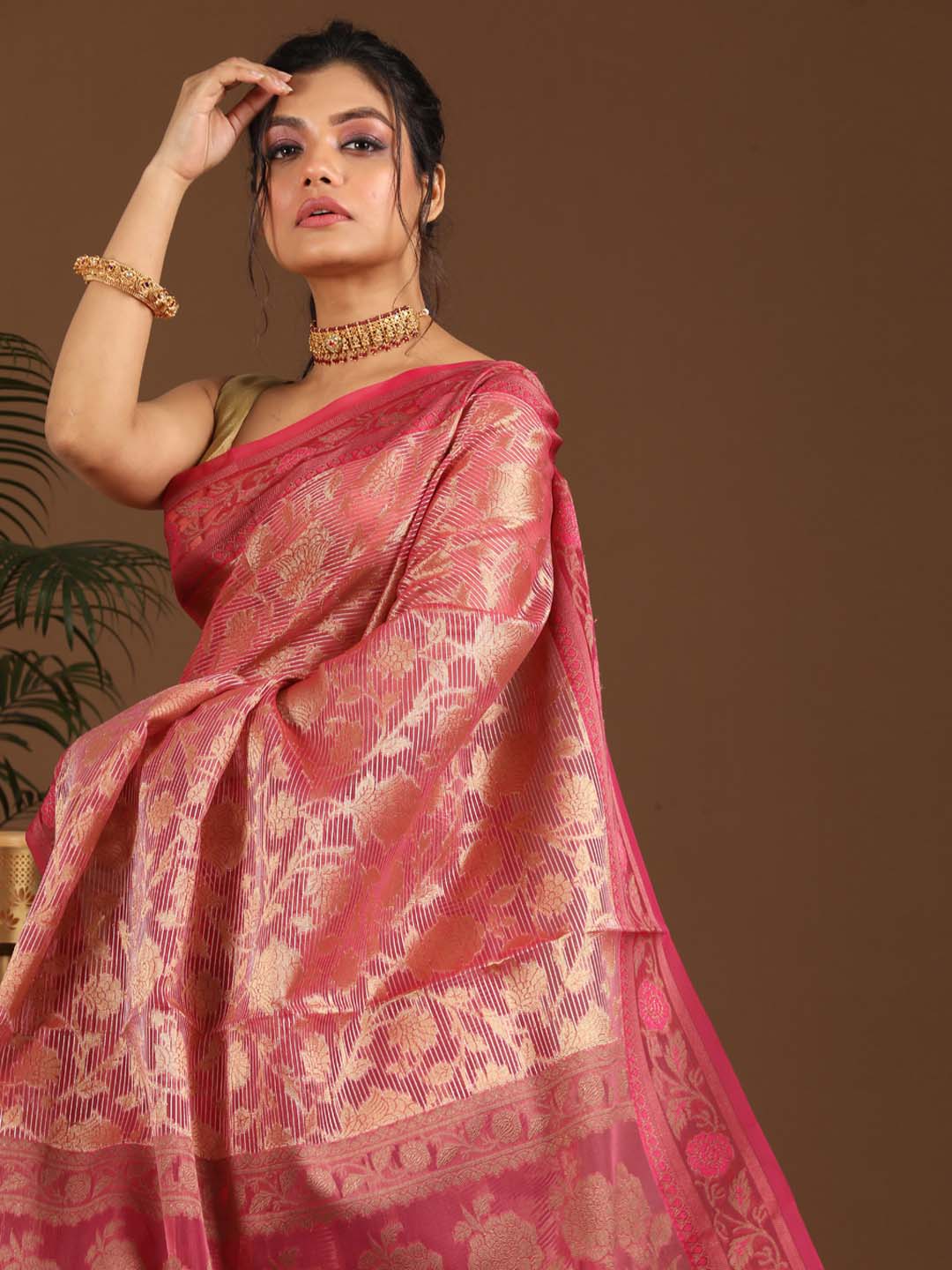 Indethnic Banarasi Pink Floral Woven Design Traditional Wear Saree - View 2