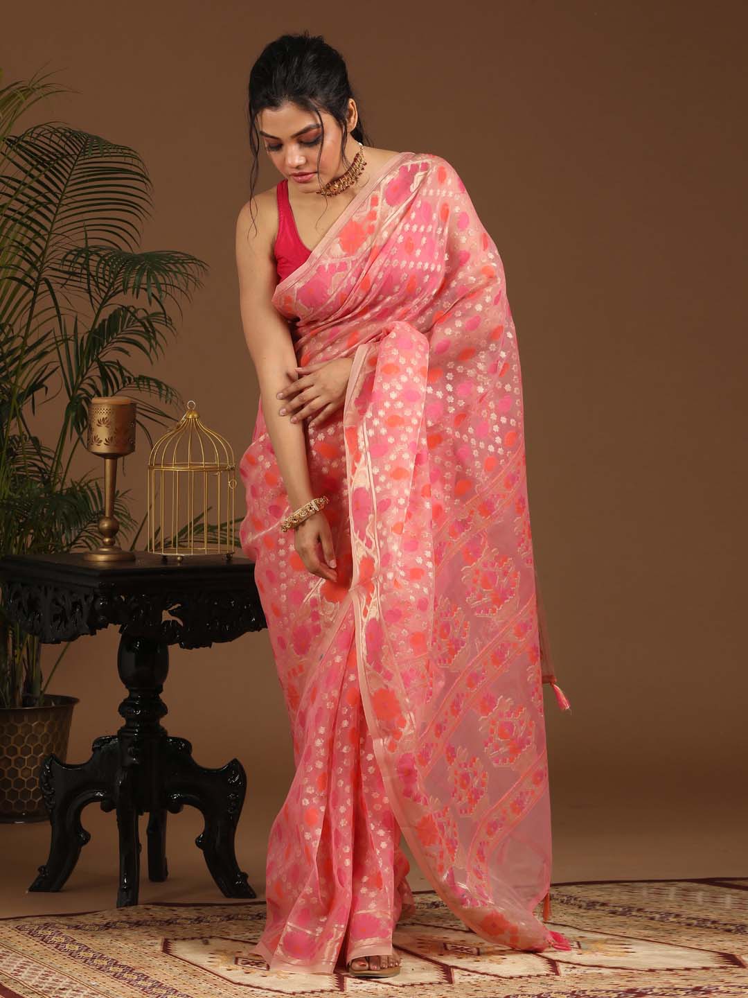 Indethnic Banarasi Pink Ethnic Motifs Woven Design Traditional Wear Saree - View 1