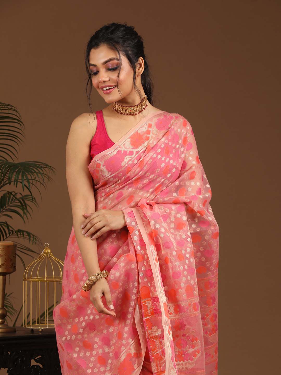 Indethnic Banarasi Pink Ethnic Motifs Woven Design Traditional Wear Saree - View 2