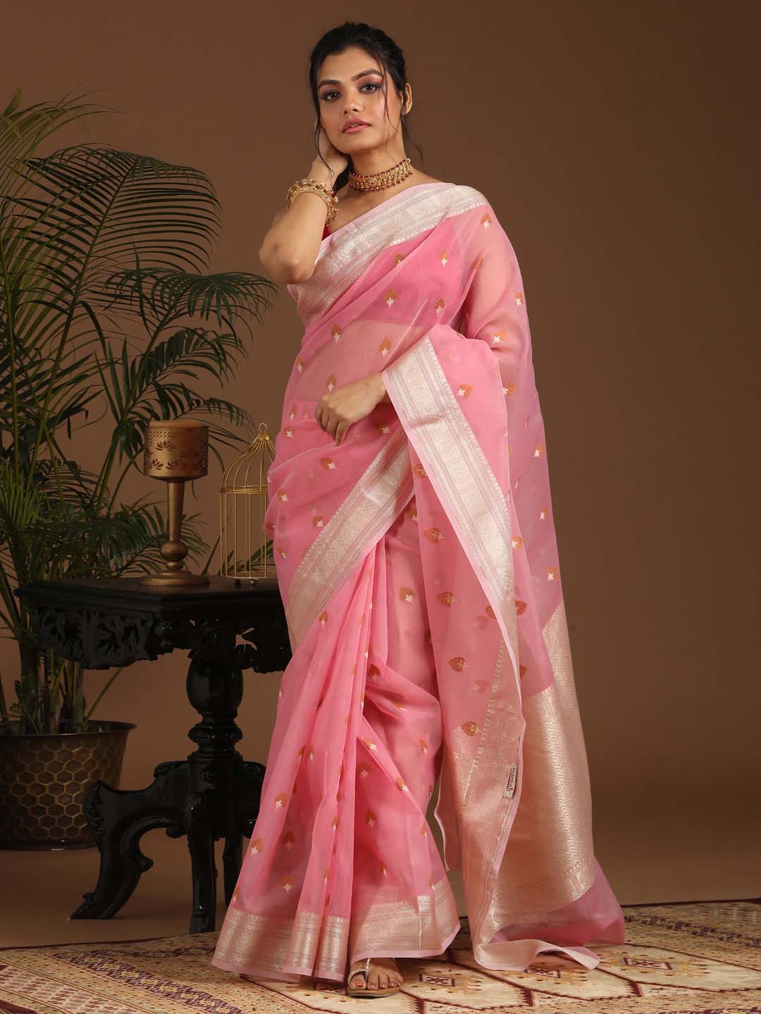 Indethnic Banarasi Pink Ethnic Motifs Woven Design Traditional Wear Saree - View 1