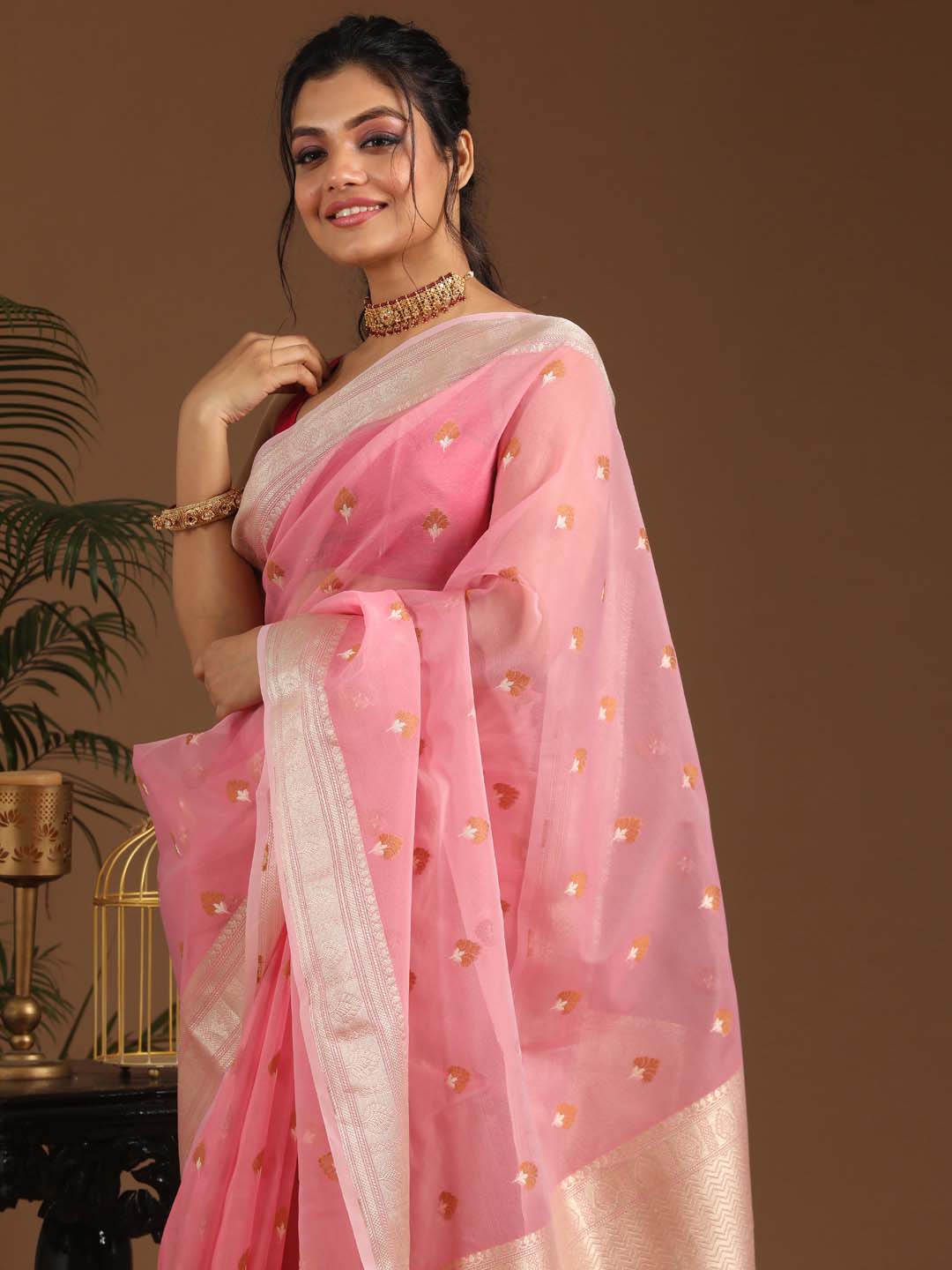 Indethnic Banarasi Pink Ethnic Motifs Woven Design Traditional Wear Saree - View 2