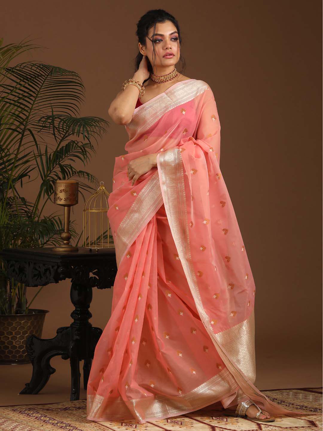 Indethnic Banarasi Pink Ethnic Motifs Woven Design Traditional Wear Saree - View 1