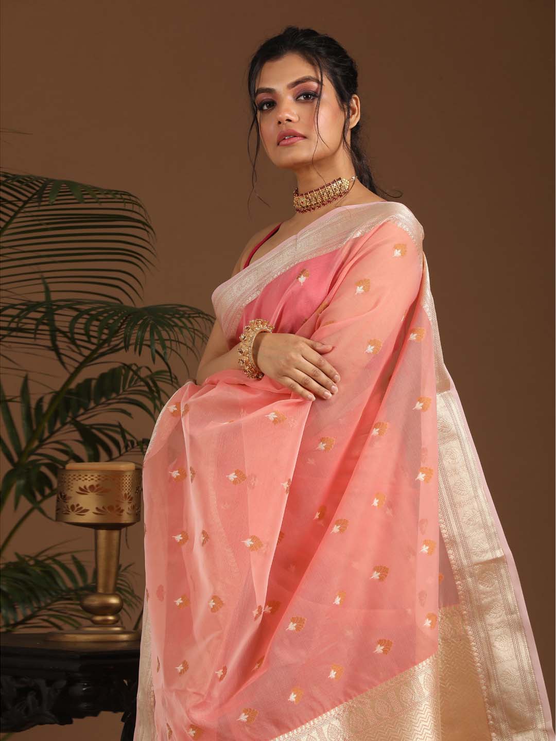 Indethnic Banarasi Pink Ethnic Motifs Woven Design Traditional Wear Saree - View 2