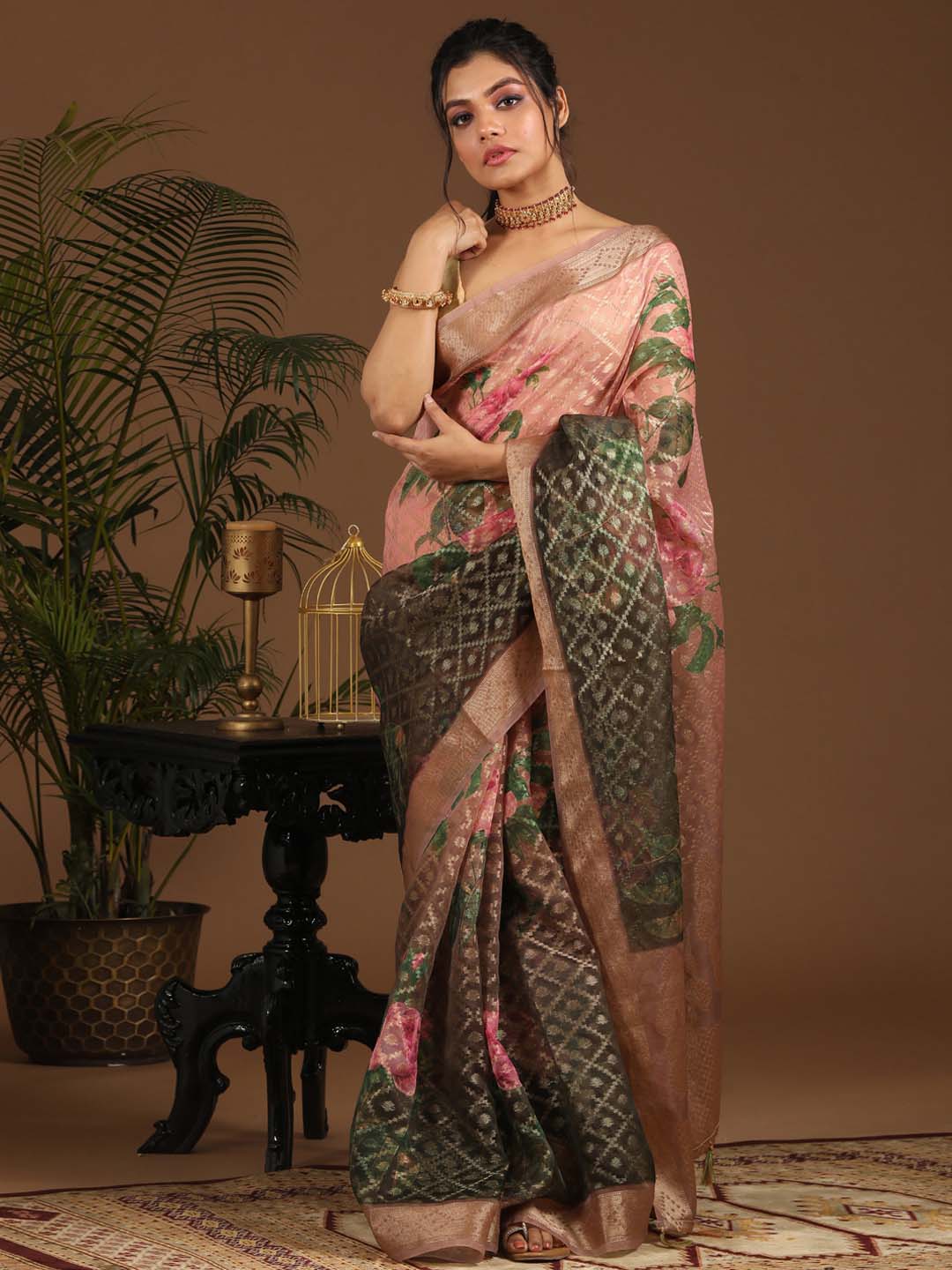 Indethnic Banarasi Pink Ombre Printed Party Wear Saree - View 1